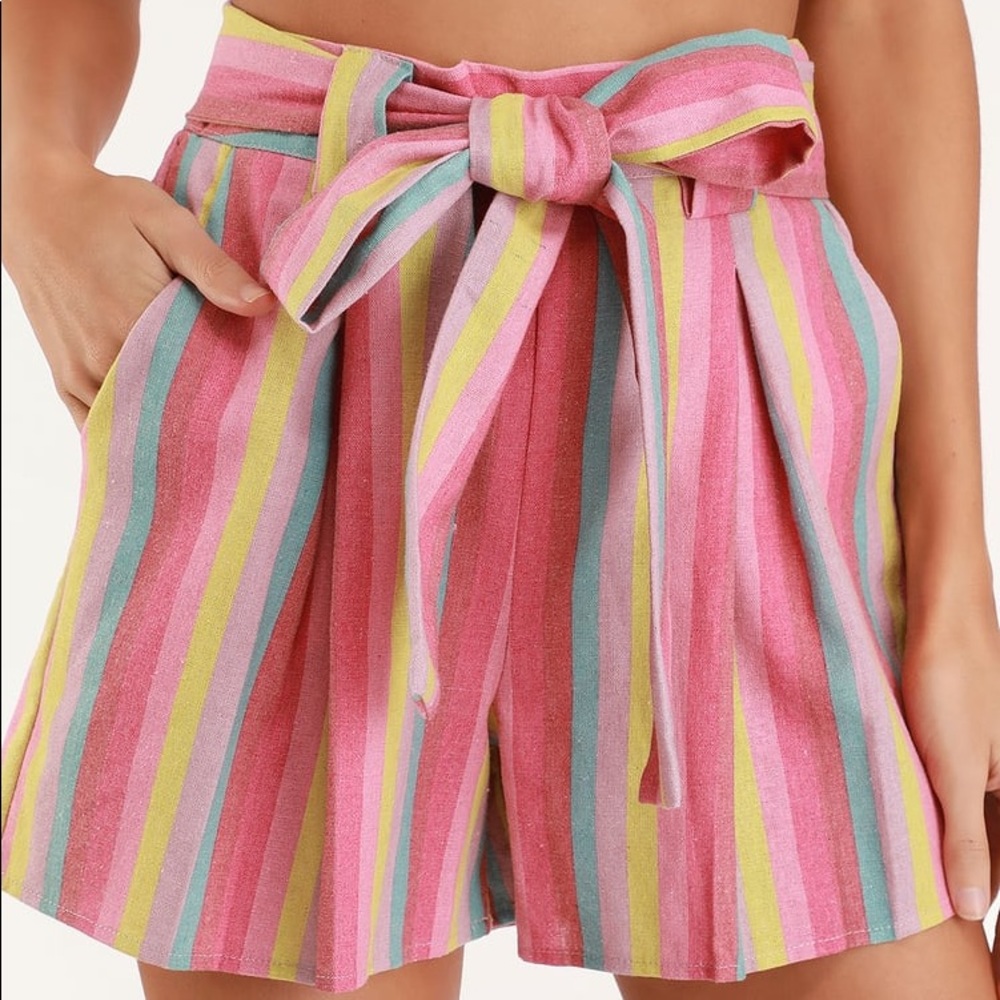 Moon River Striped Belted High Waisted Shorts